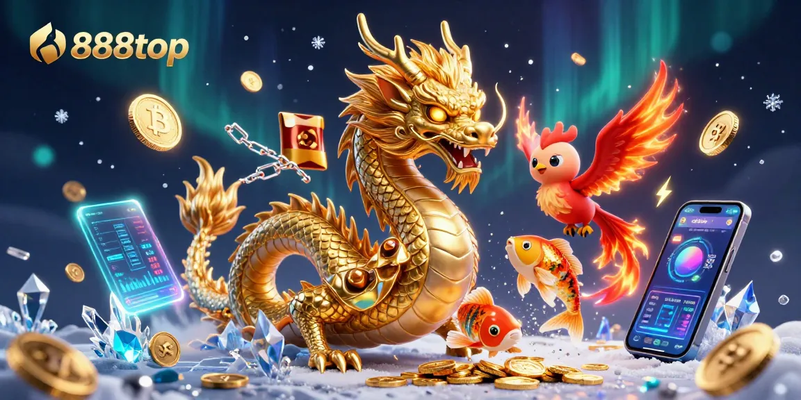 Engage in thrilling gaming action with 888top's dynamic 3D illustration showcasing a fierce dragon and phoenix amidst crypto symbols.