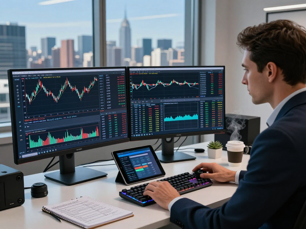 Trader analyzing TradingView charts on dual monitors in a modern office.
