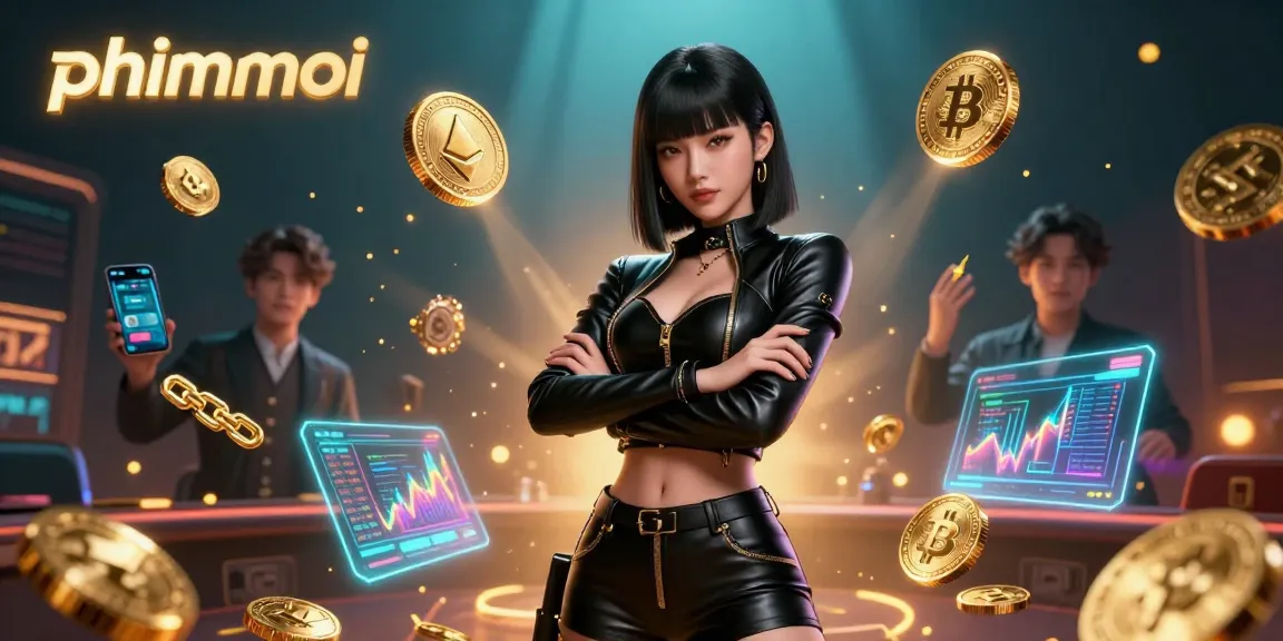 Engage with phimmoi's vibrant casino scene featuring Bitcoin and Ethereum coins floating amidst dramatic lighting.
