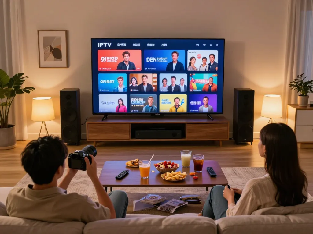 Streamen van de beste IPTV Nederland kanalen vanuit een stijlvolle woonkamer met een moderne smart TV en gezellige sfeer.