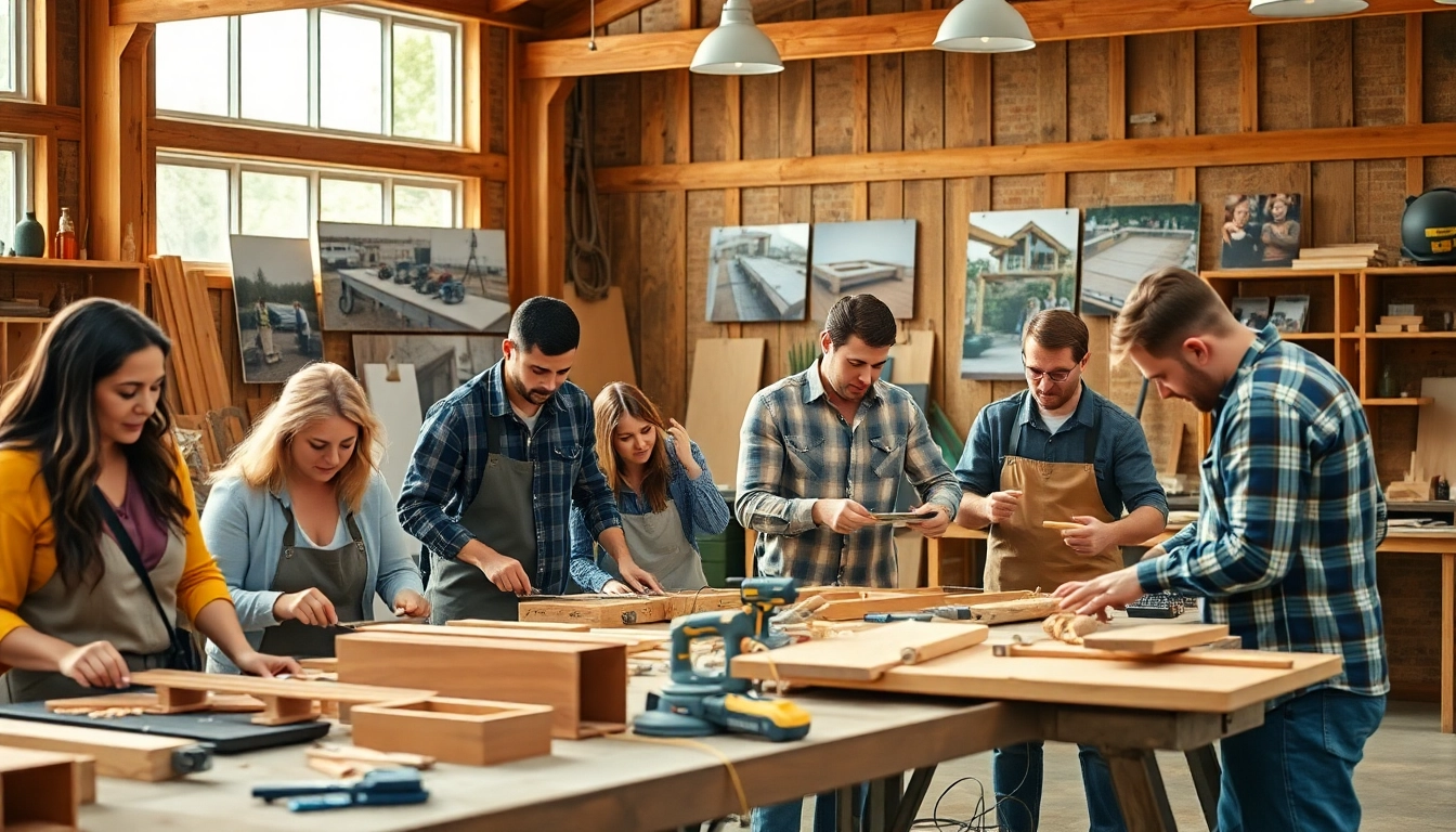 Participants actively engaged in construction classes, showcasing skills in a bright workshop environment.