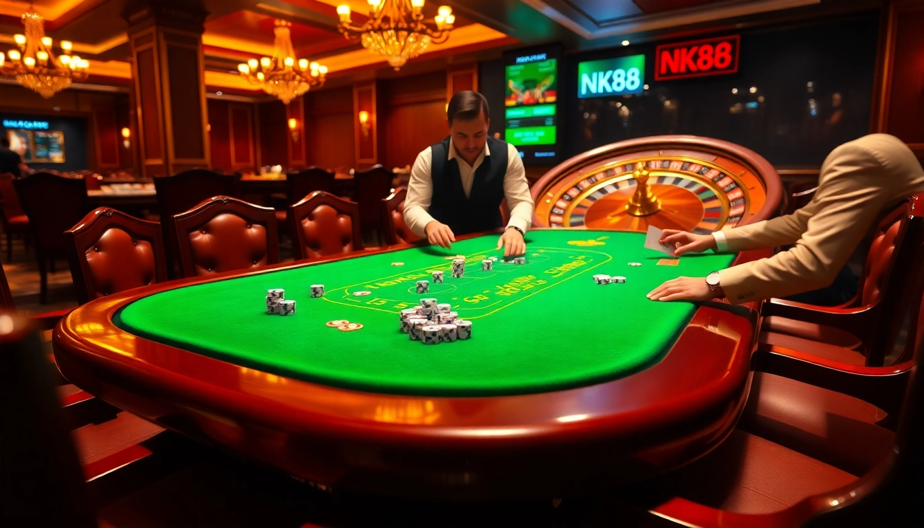 Players engaging with NK88 at a luxurious casino poker table adorned with chips and dice.