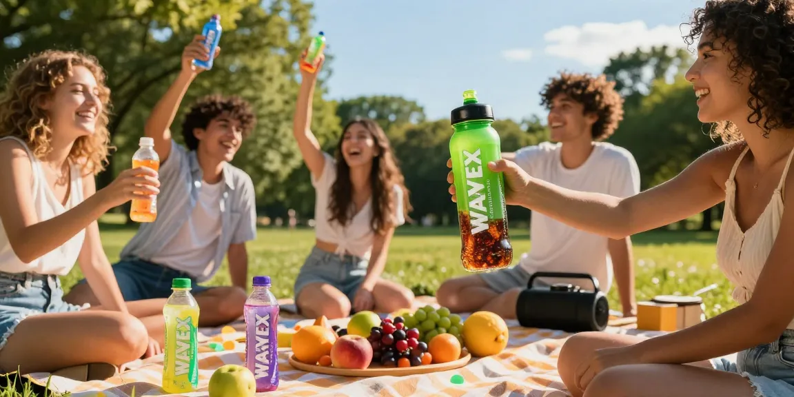Group of friends enjoying WAVEX water bottles with coca cola pod flavor outdoors.