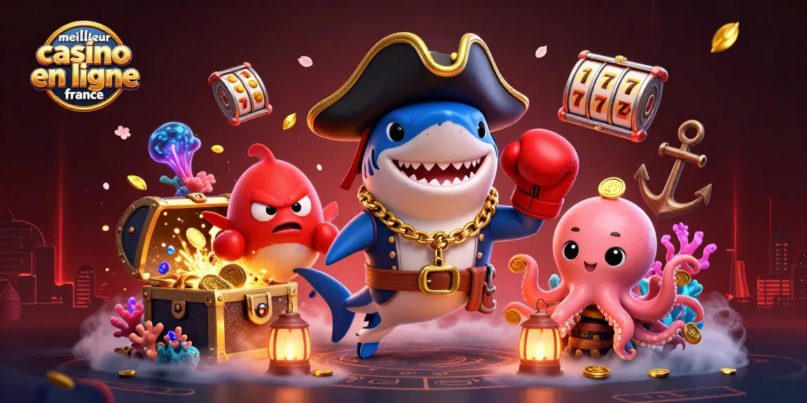 Illustration 3D d'un requin pirate et de ses amis dans un casino, mettant en avant le meilleur casino en ligne France.