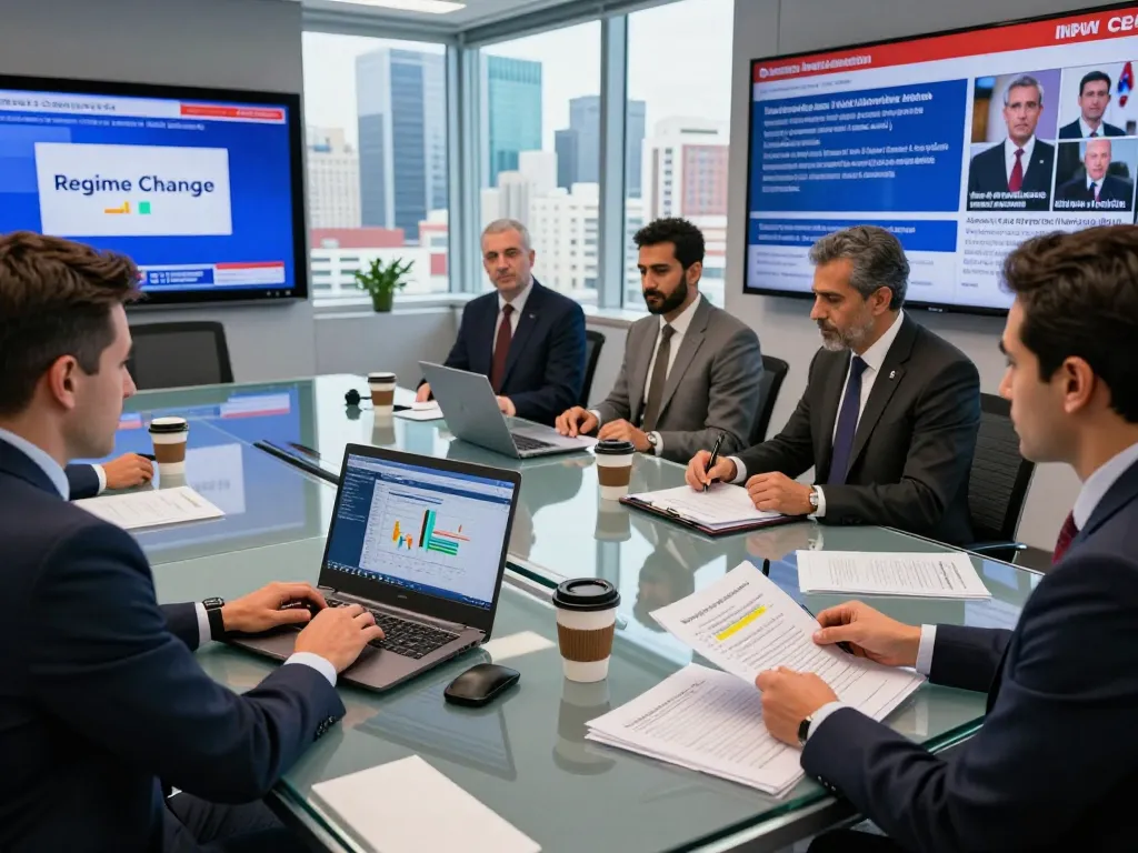 Journalists discussing regime change in Iran in a vibrant newsroom setting, highlighting urgency and collaboration.