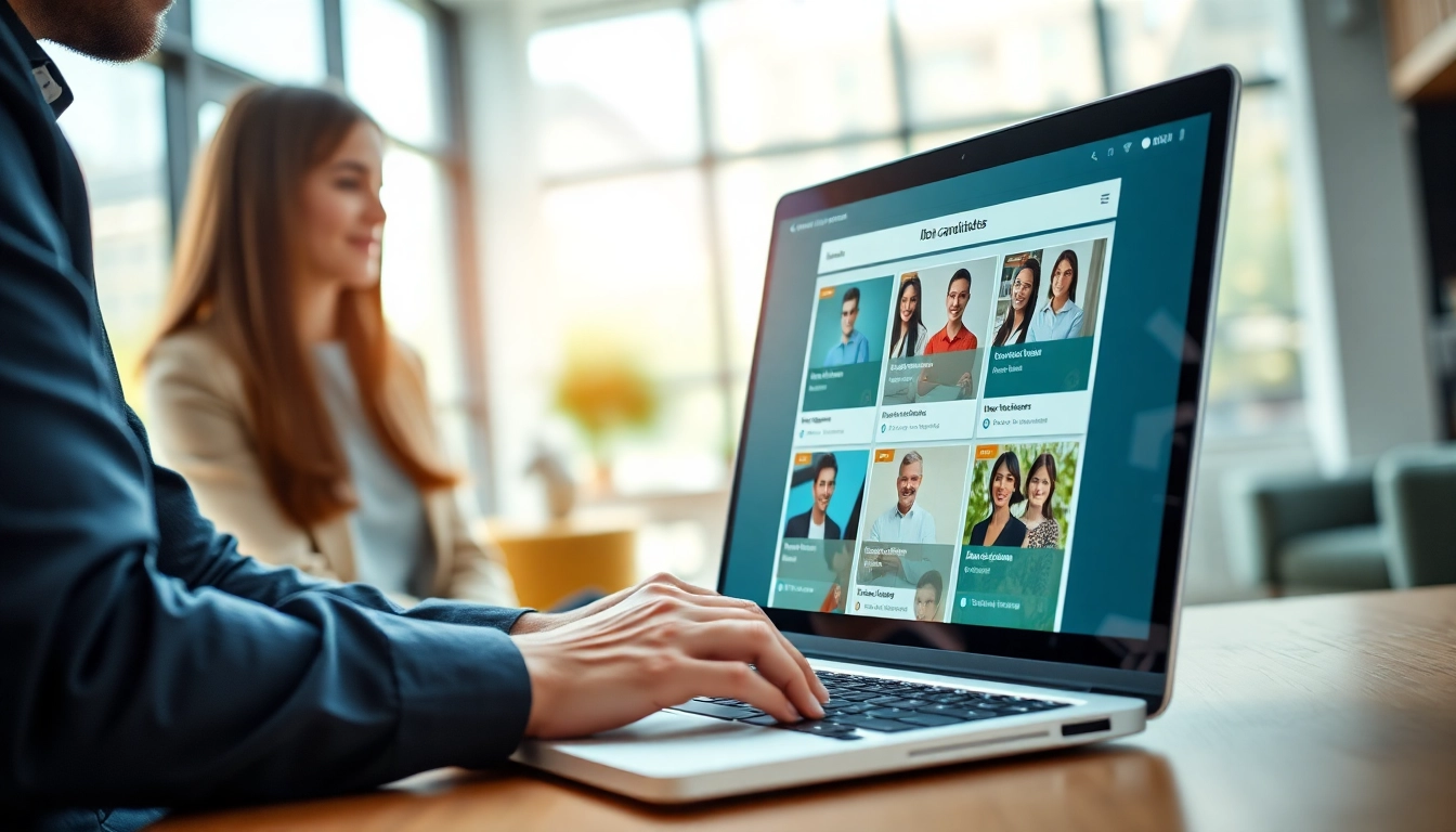 Engaging scene of sales recruiting job boards with a recruiter evaluating diverse candidates.