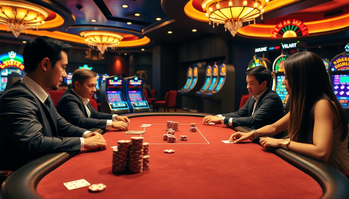 Exciting poker game at nhà cái thabet with players and vibrant casino elements.