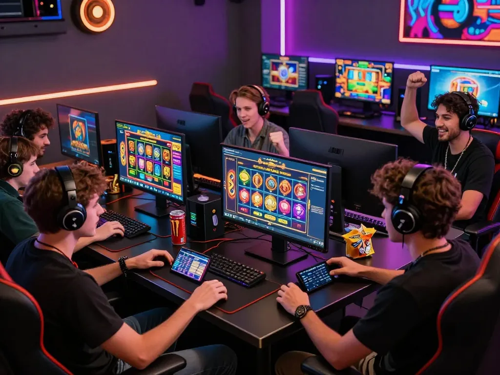 Engaging players exploring the BIUSTOTO online slot games in a lively gaming lounge.