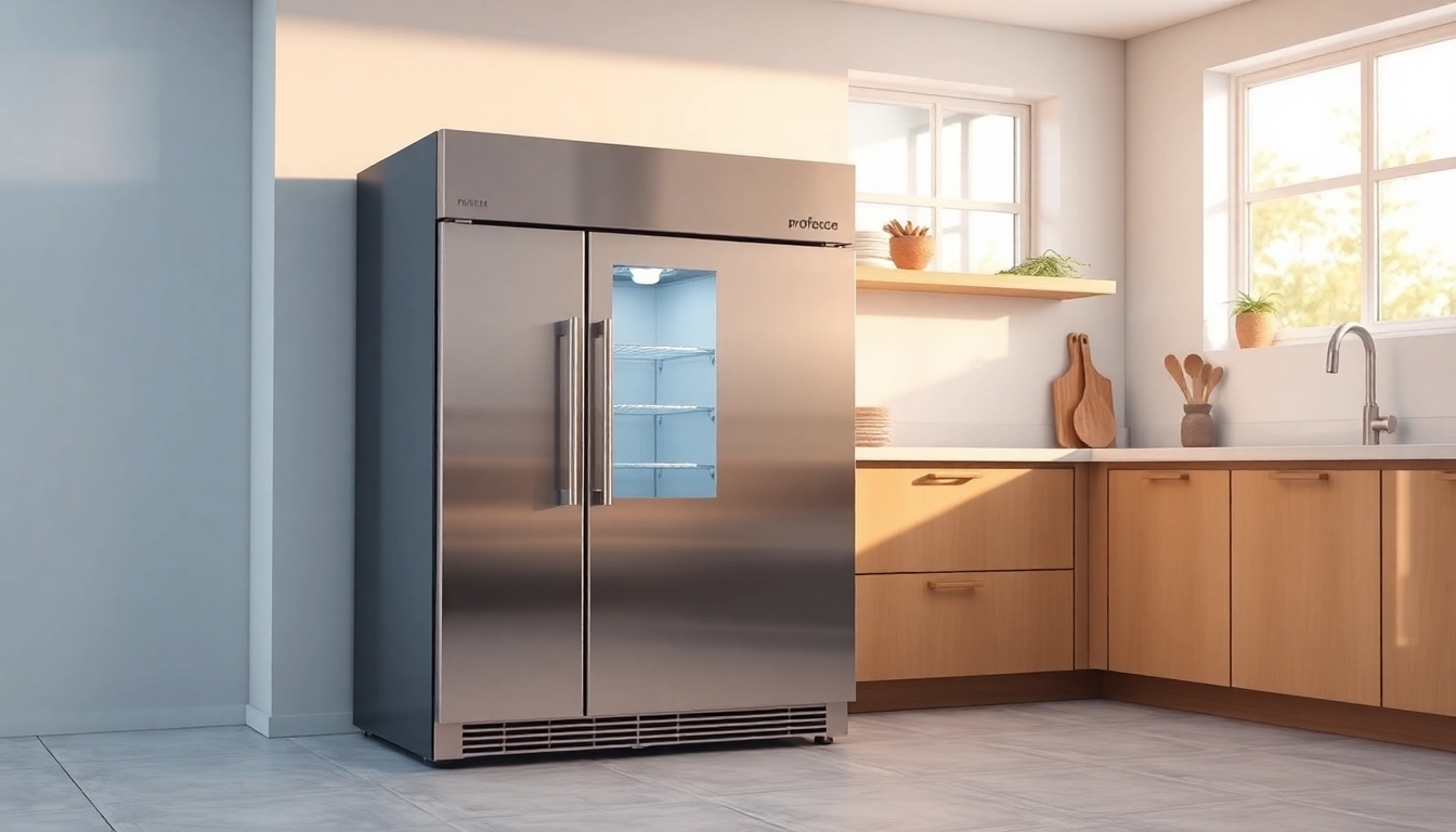 Efficient freezer with sleek design central to a modern kitchen, emphasizing functionality.