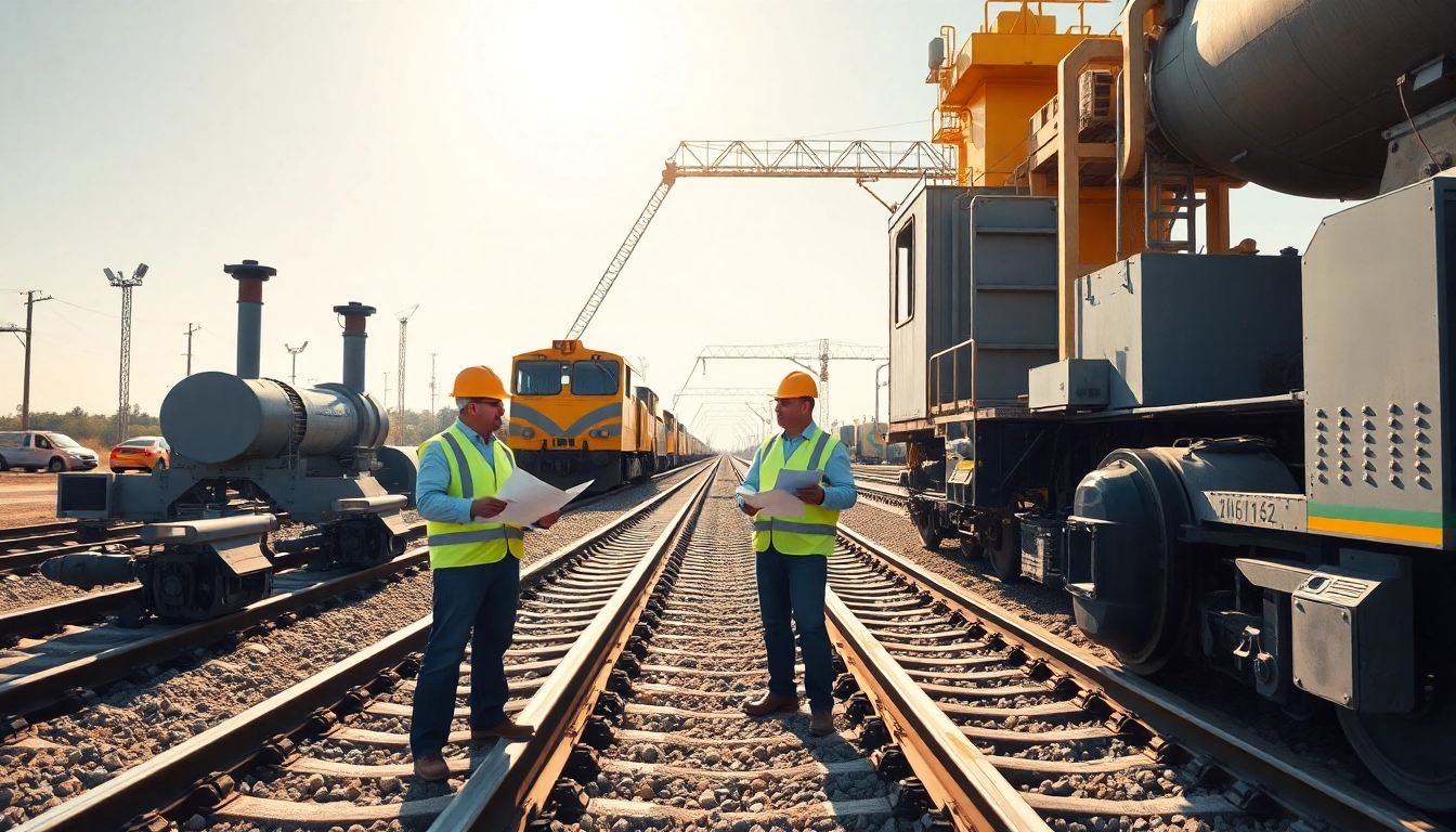 Railroad Contractors USA collaborating on a construction site with blueprints and machinery.