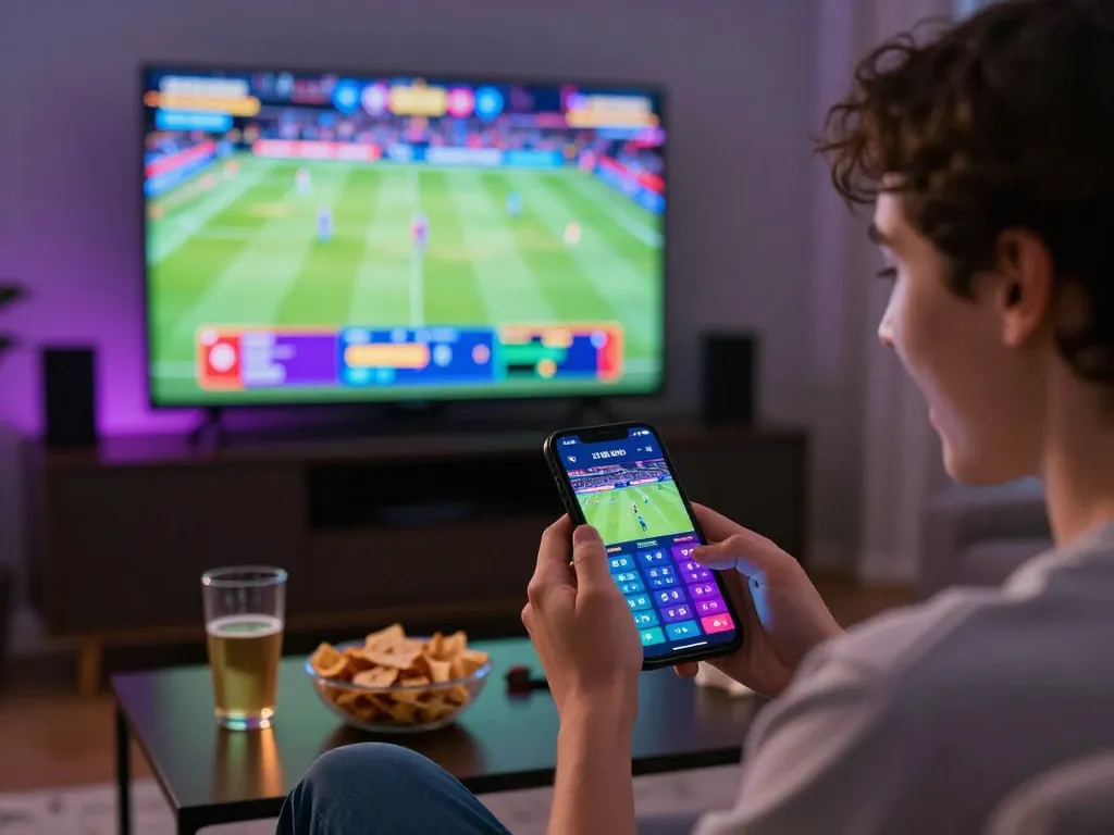 Excited player engaging in online sports betting on smartphone while enjoying a cozy night with 678vip.
