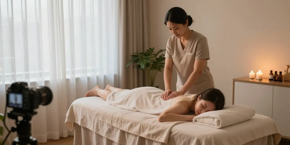 마사지 치료실에서 편안한 스웨디시 마사지 준비하는 모습