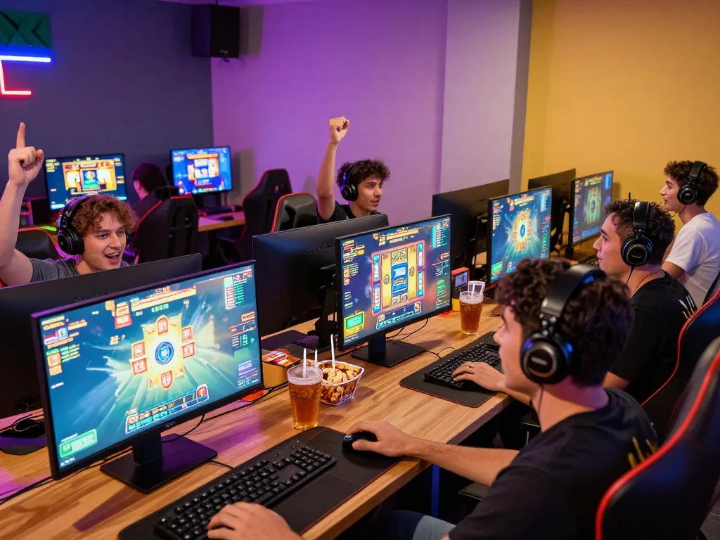 Pemain menikmati permainan slot gacor di ruang permainan virtual yang cerah dengan suasana yang mendebarkan dan visual yang menarik.