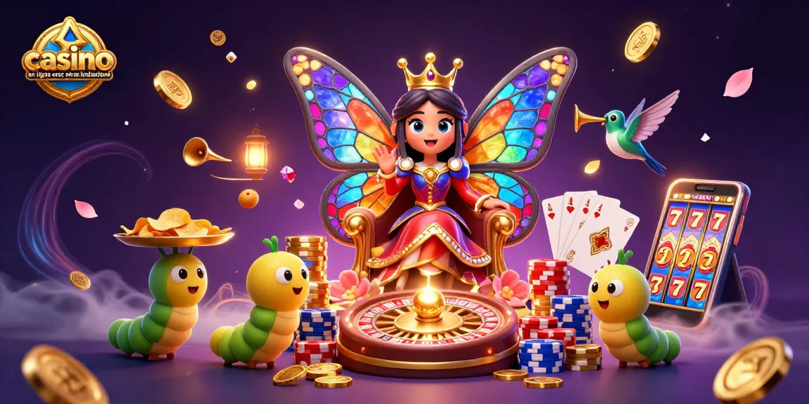 Jeux rapides dans un casino en ligne avec retrait instantané illustrant une reine papillon et des éléments de casino.