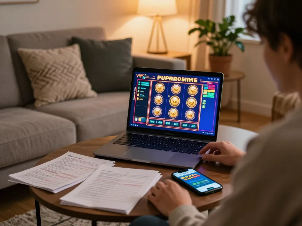 Pemain Bintangmpo menikmati permainan slot online di laptop dalam suasana rumah yang nyaman