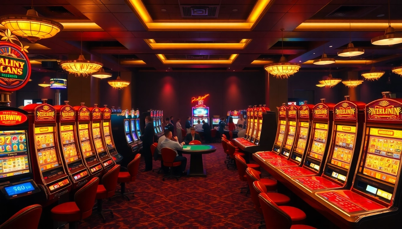 Menangkan interwin dengan mesin slot berwarna cerah dan meja poker di kasino yang ramai.