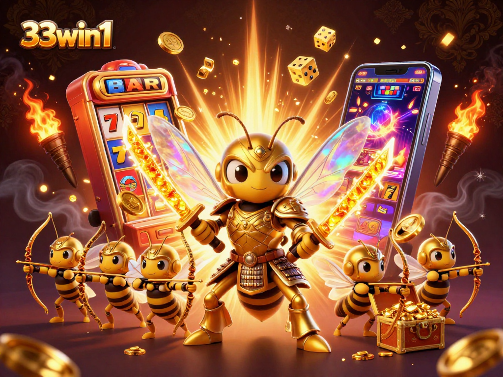 33win1 slot machine illustration with a golden hornet in samurai armor amidst jackpot explosions.