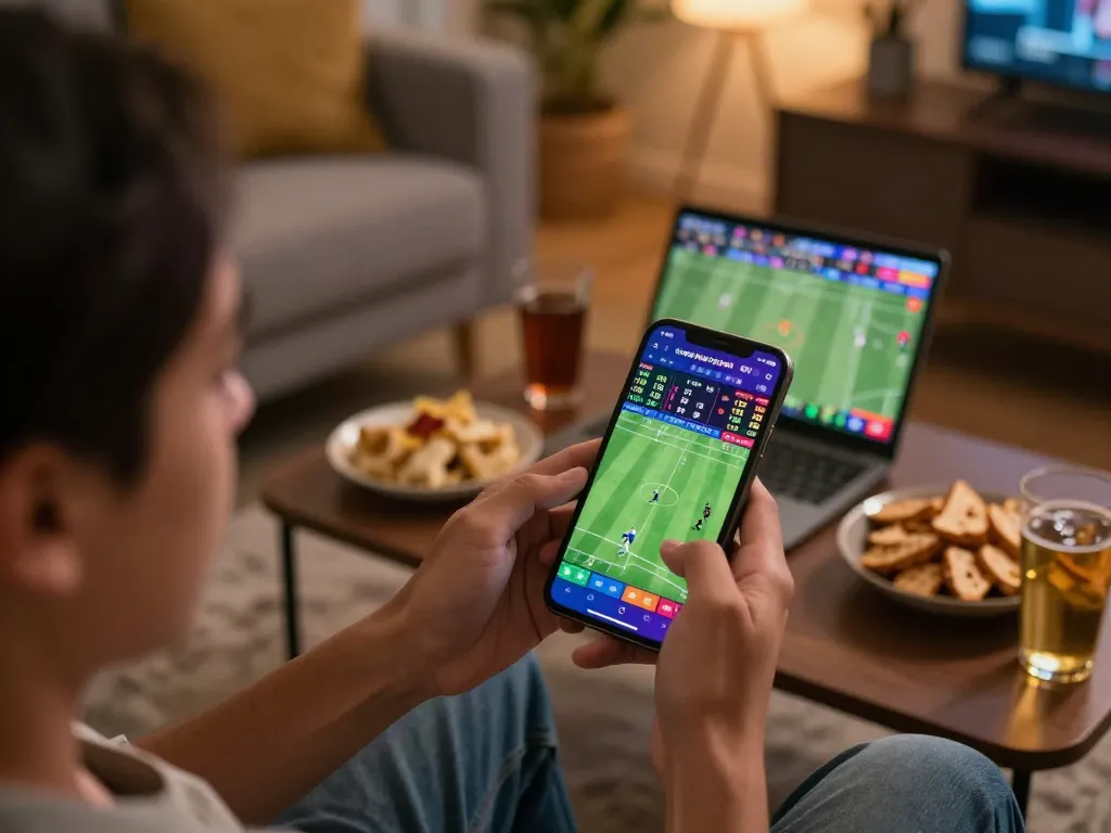 Betting on luck8 during a live sports event using a smartphone app filled with vibrant odds