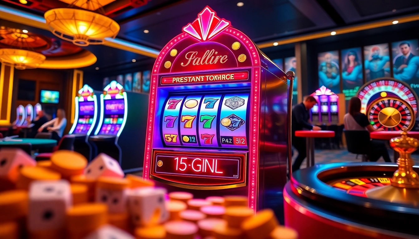 Excited players winning on vibrant slot online machines in a dazzling casino setting.