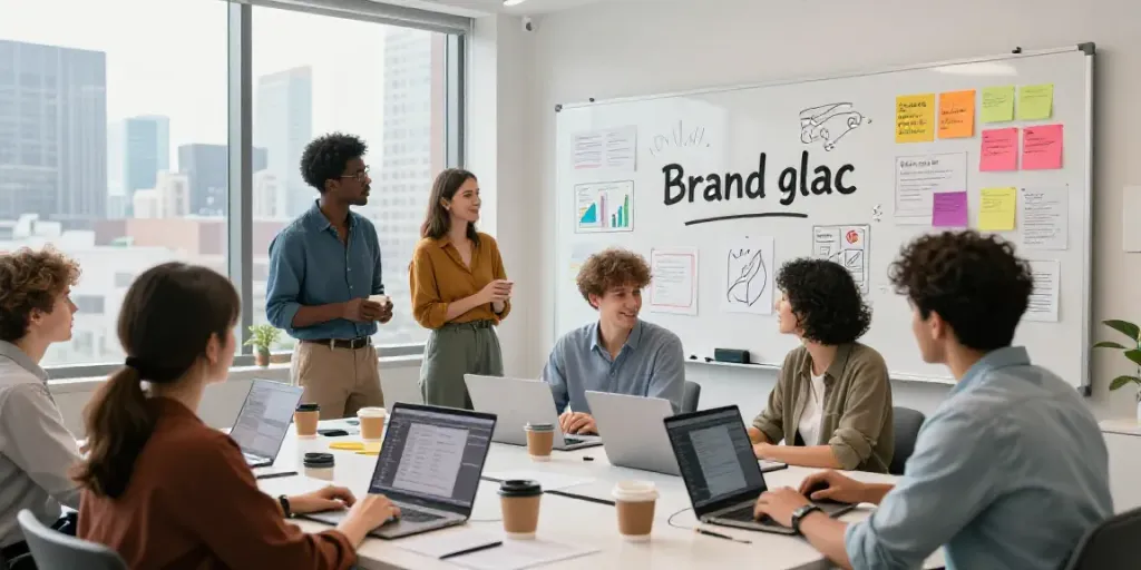 Creative team brainstorming AI generated brand slogans in a modern workspace.
