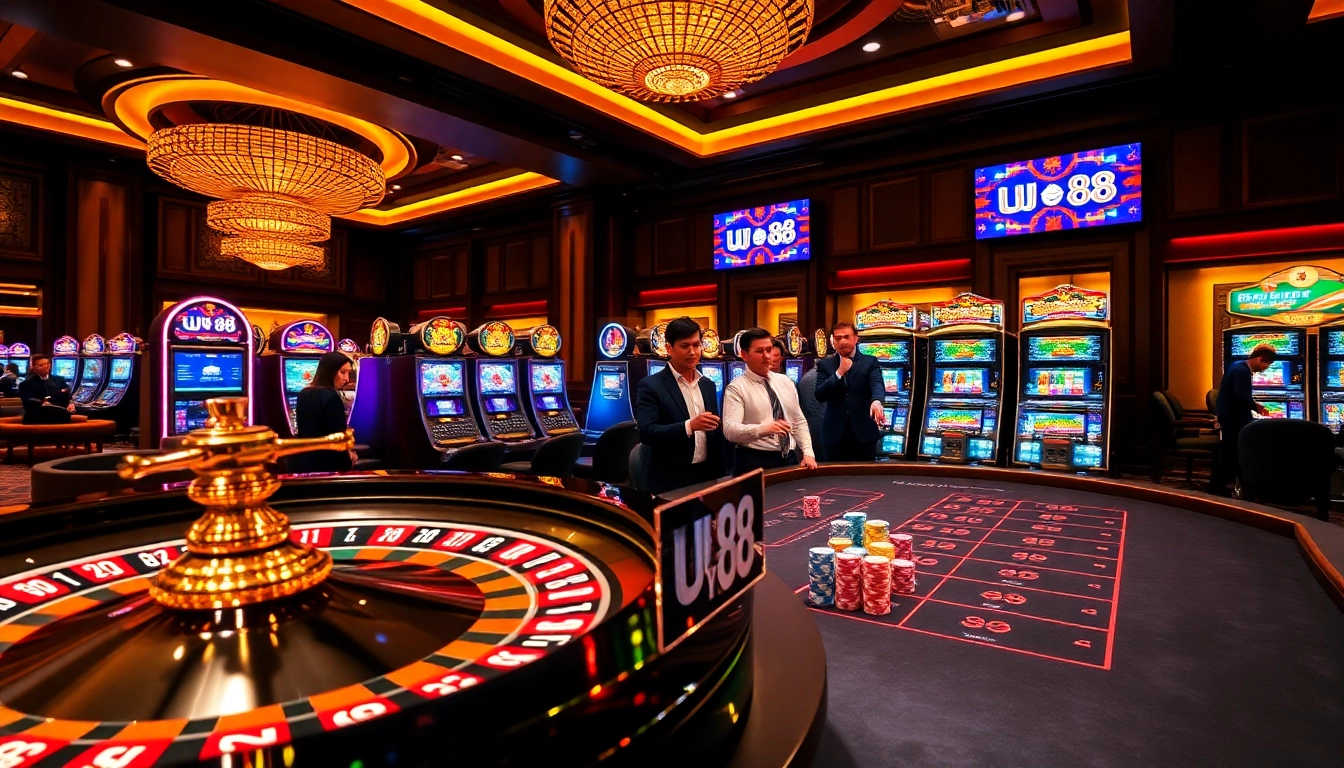 Experience the excitement of UU 88 through vibrant gambling visuals of roulette, poker, and slot machines.