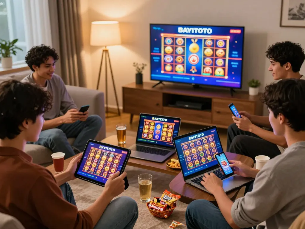 BAYITOTO Bandar Toto Online Terbaik dengan Pembayaran Cepat, friends enjoying slot games online in a lively living room atmosphere.