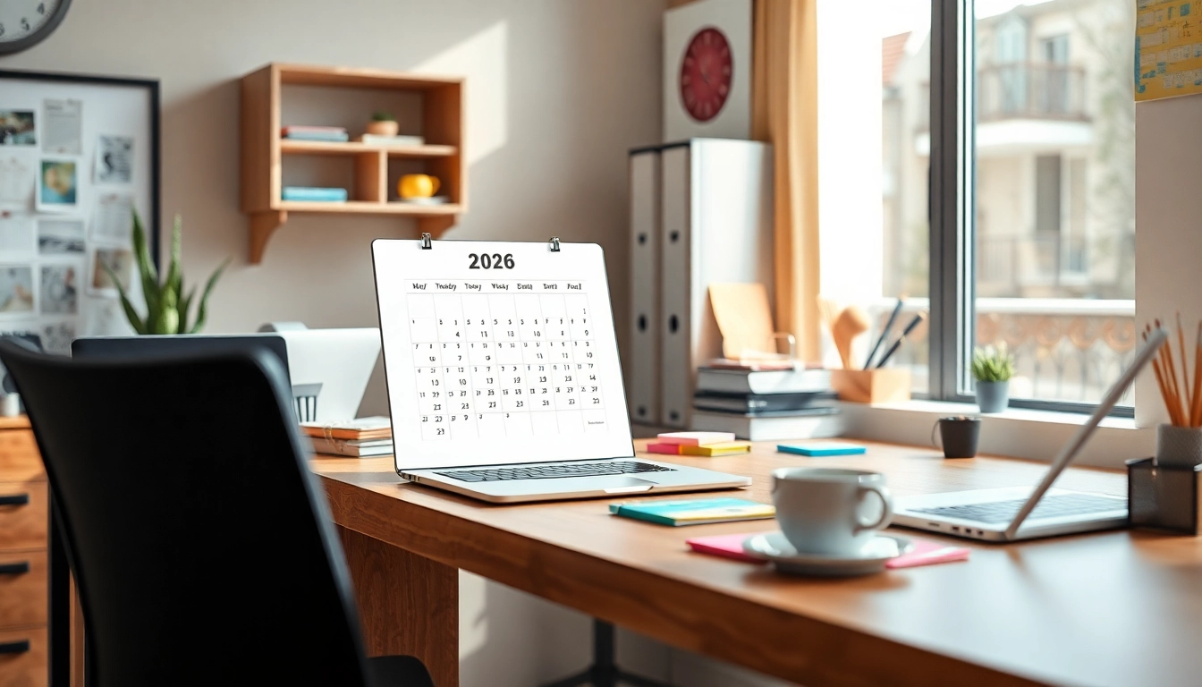 2026 calendar PDF displayed in a modern workspace with a laptop and coffee.