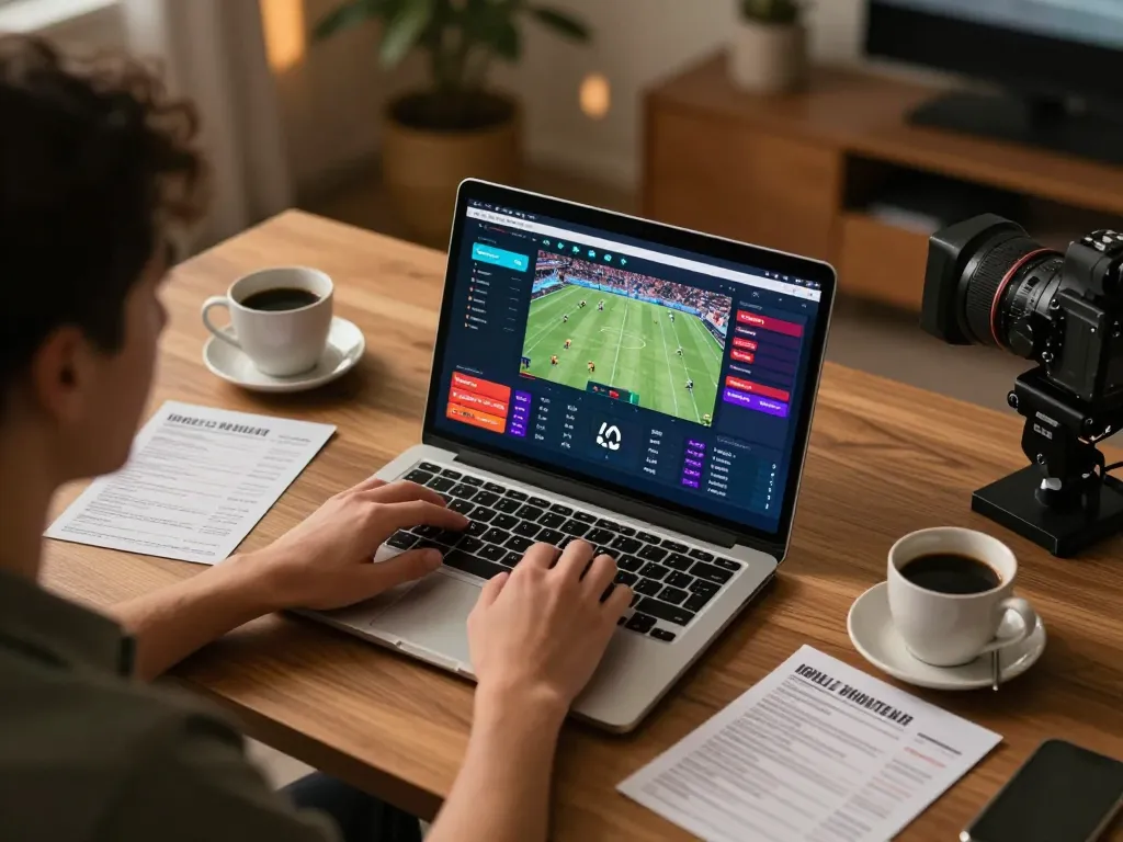 Engaging sports betting experience at nhà cái 8xbet with user analyzing odds and live games on laptop