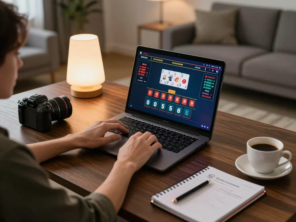 Engaging in strategic online gaming at 388bet with live blackjack on a laptop in a cozy home setup