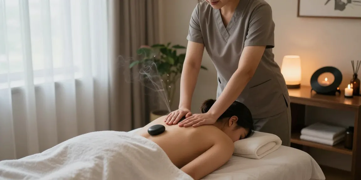 Massage therapist providing a relaxing 마사지 experience in a serene spa treatment room.