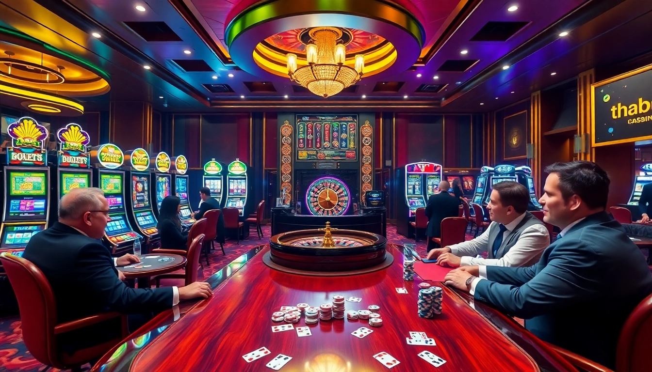 Gambling experience at THABET Casino with poker chips and vibrant slot machines.