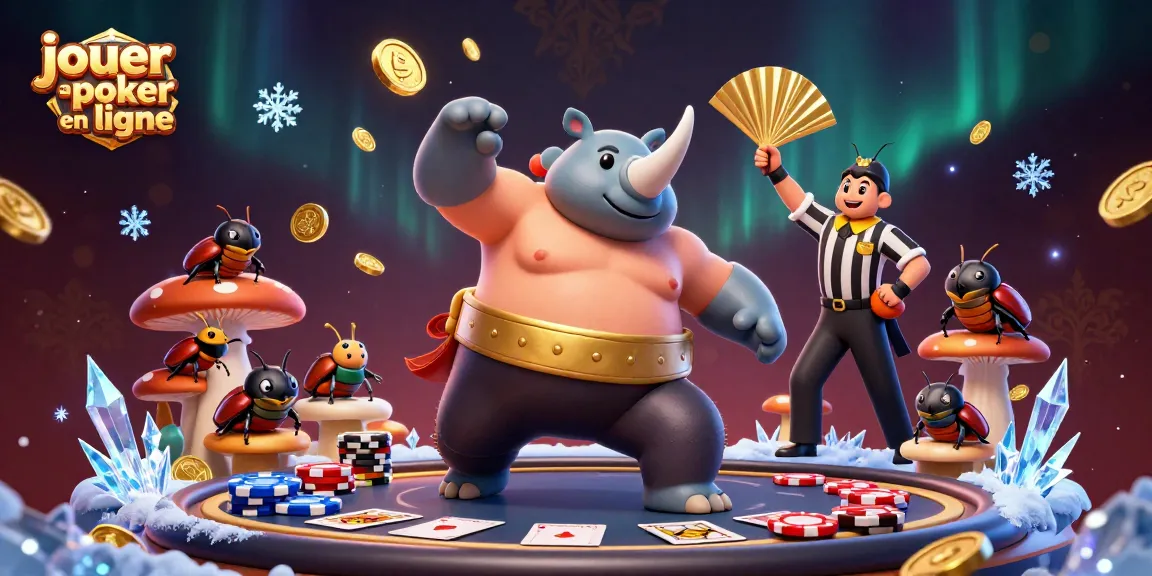 jouer au poker en ligne avec un scarabée sumo, des pièces d'or et une ambiance festive