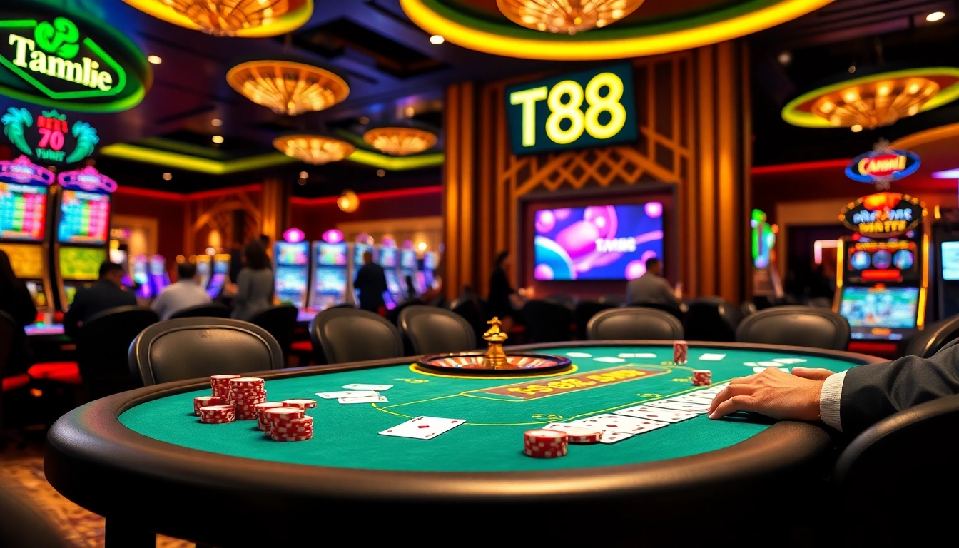 Players enjoying high-stakes poker at a lavish casino table with TV88 branding.