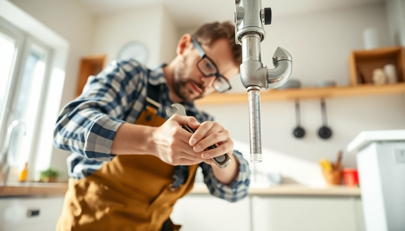 Plumber near me repairing a leaky pipe in a modern kitchen environment.
