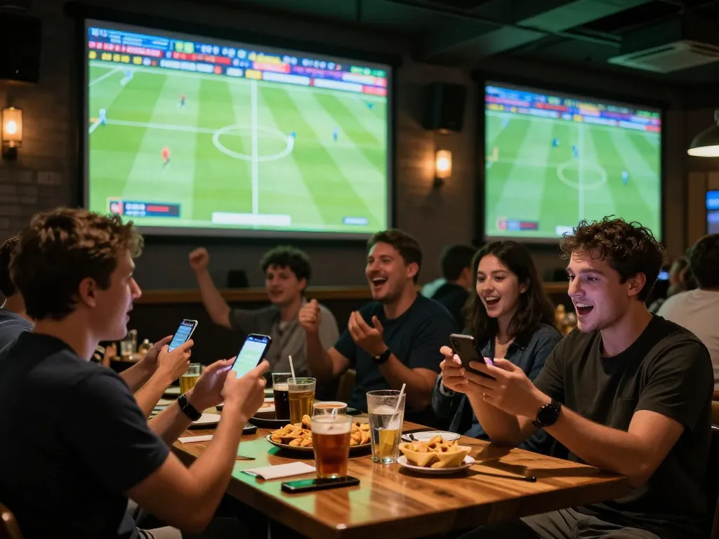 Tỷ lệ bóng đá wap visible as fans bet live on their smartphones at an exciting sports bar.