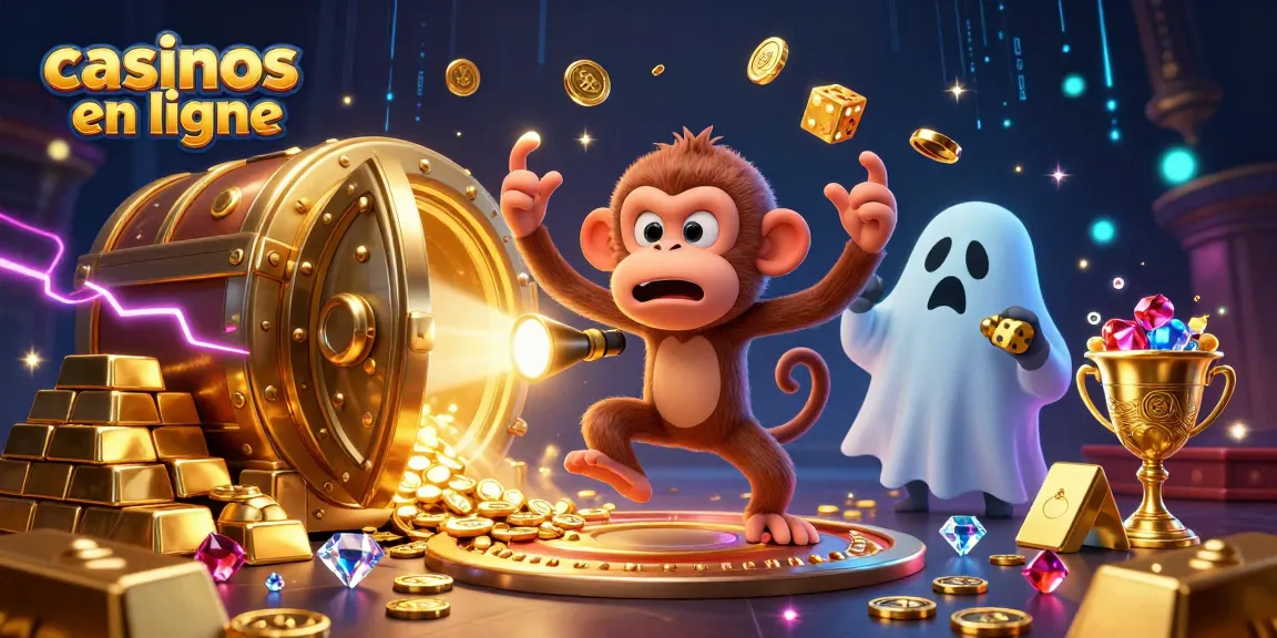 Une illustration 3D d'un casino en ligne, mettant en scène un singe poltergeist et un chiot chasseur de fantômes avec des objets d'or flottants.