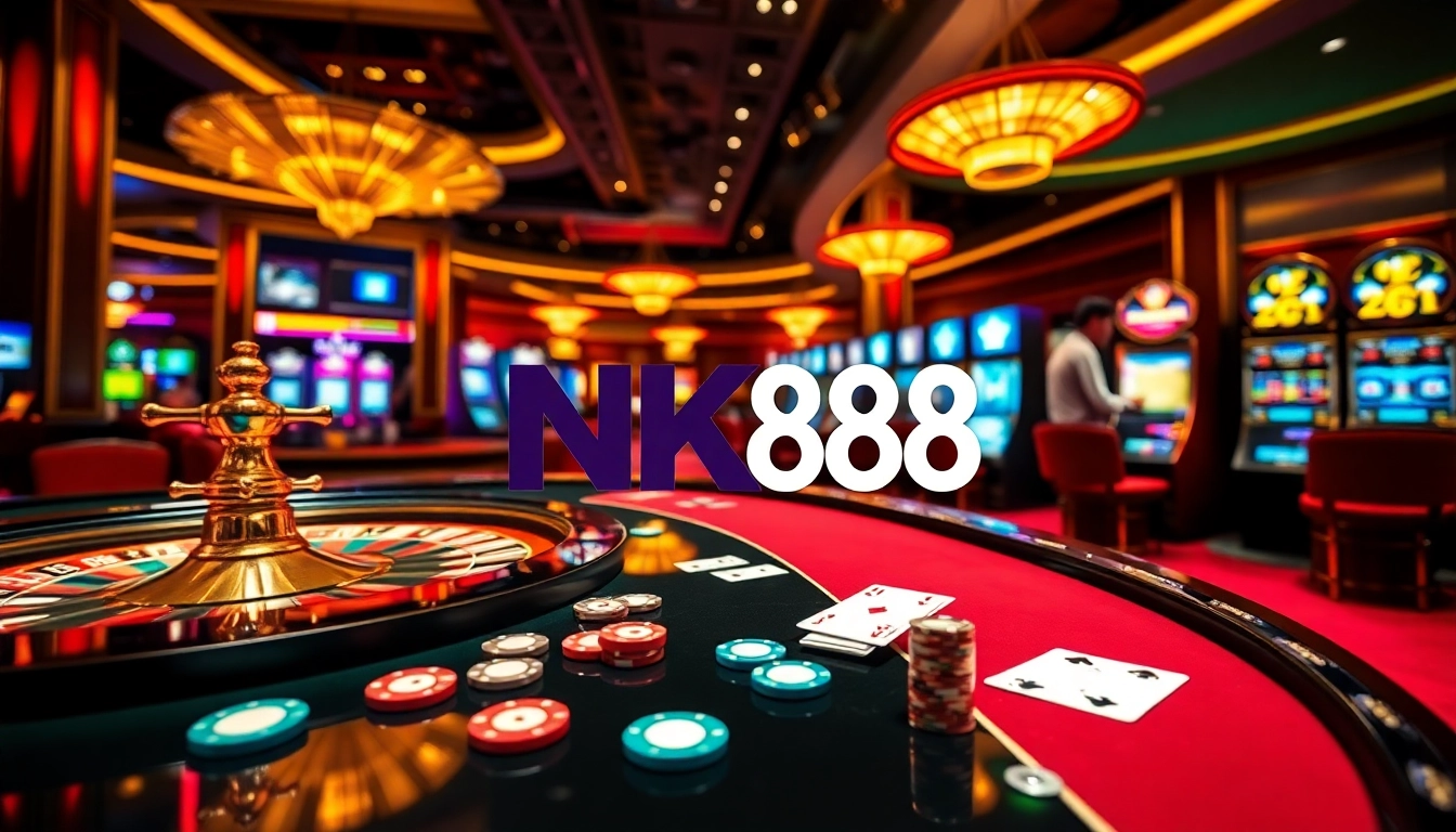Experience the thrill of gaming at NK88 casino, with vibrant tables, cards, and roulette wheels.