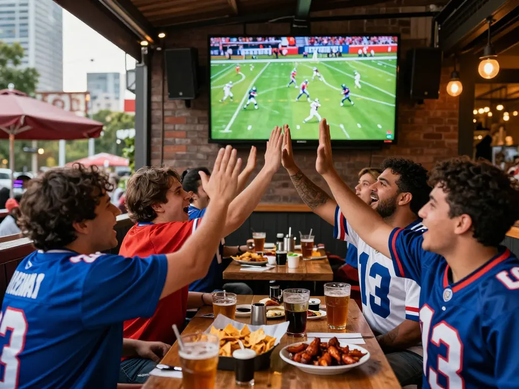 Football fans enjoying live action at https://cakhiatvz.live/ with drinks and cheers in vibrant sports bar.