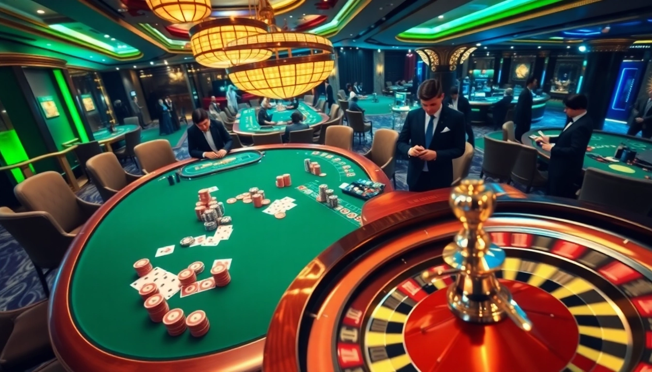 Experience thrilling gameplay at OKWIN, showcasing vibrant casino tables and exciting betting action.