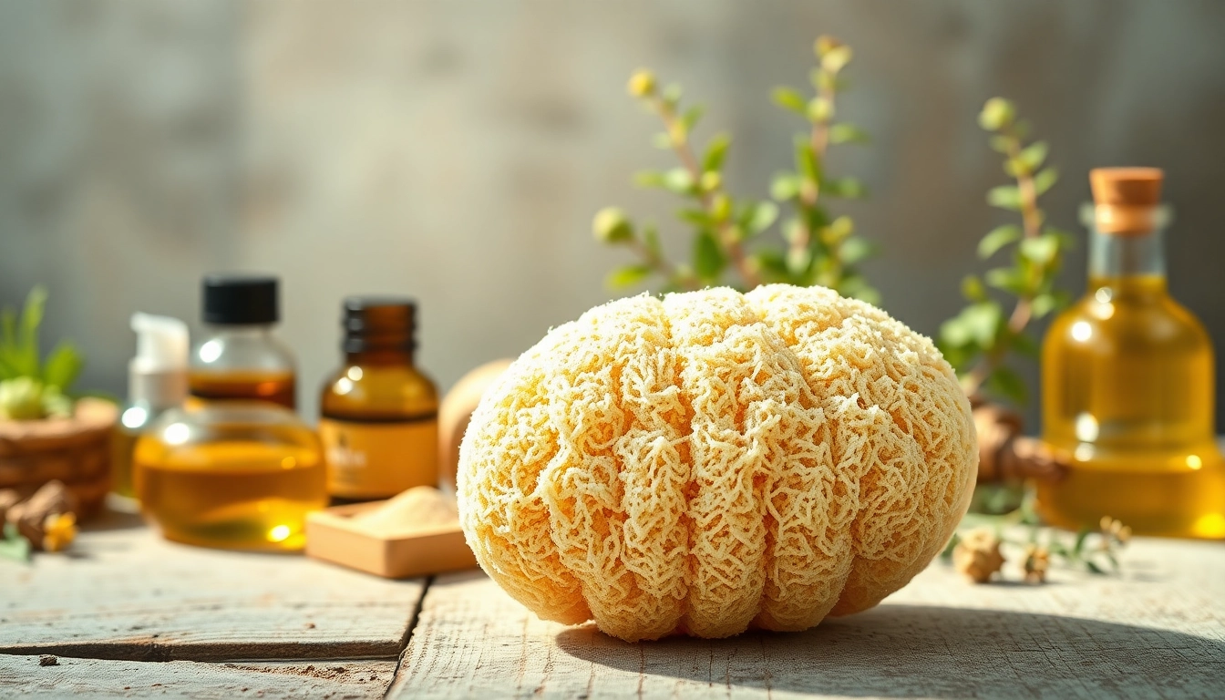 Natural raw loofah sponge highlighting its texture on a wooden surface with skincare items.
