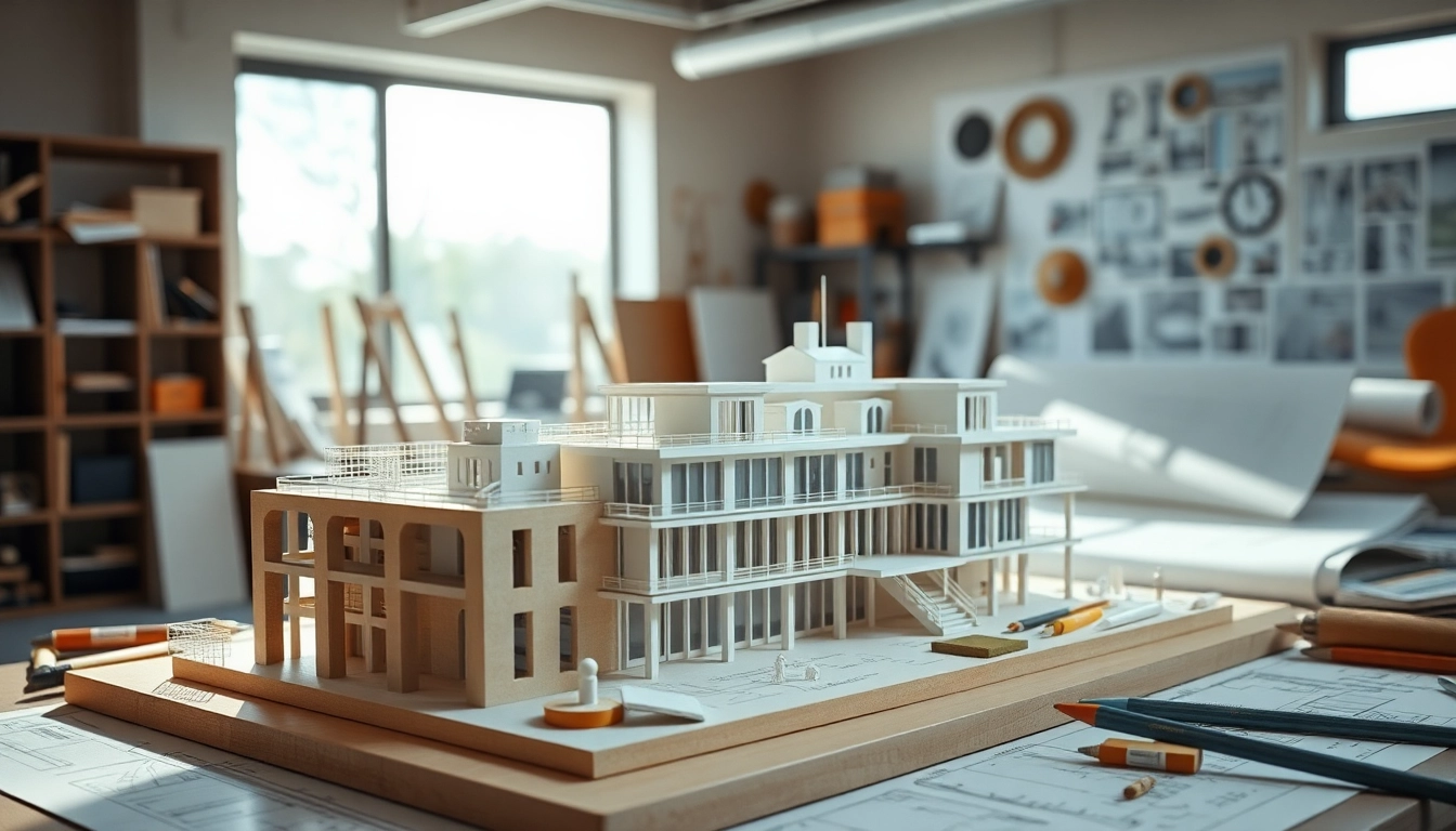 Wettbewerbsmodell im Designprozess, umgeben von Architekturwerkzeugen und Plänen.