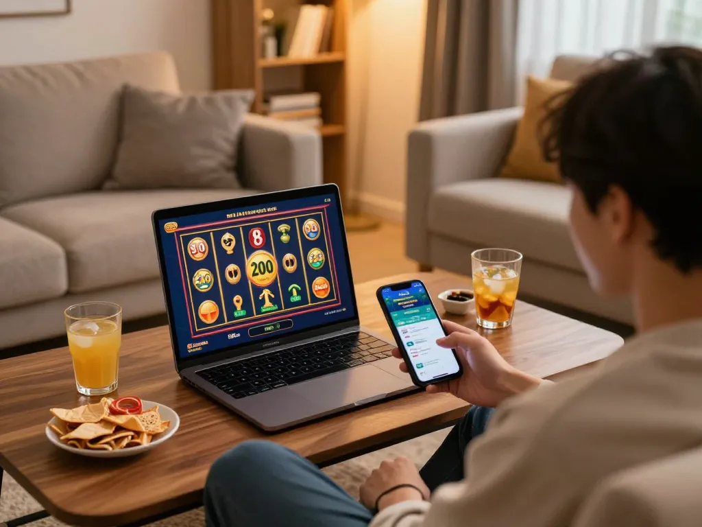 Engaging with slot bet 200 perak on a laptop while enjoying snacks in a cozy home setting.