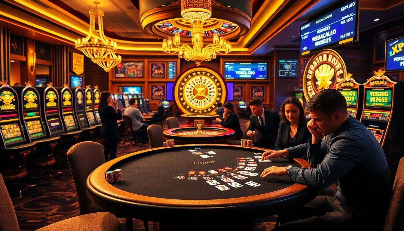 A bustling casino scene with players at tables, showing the excitement of gambling on xxgg.br.com.