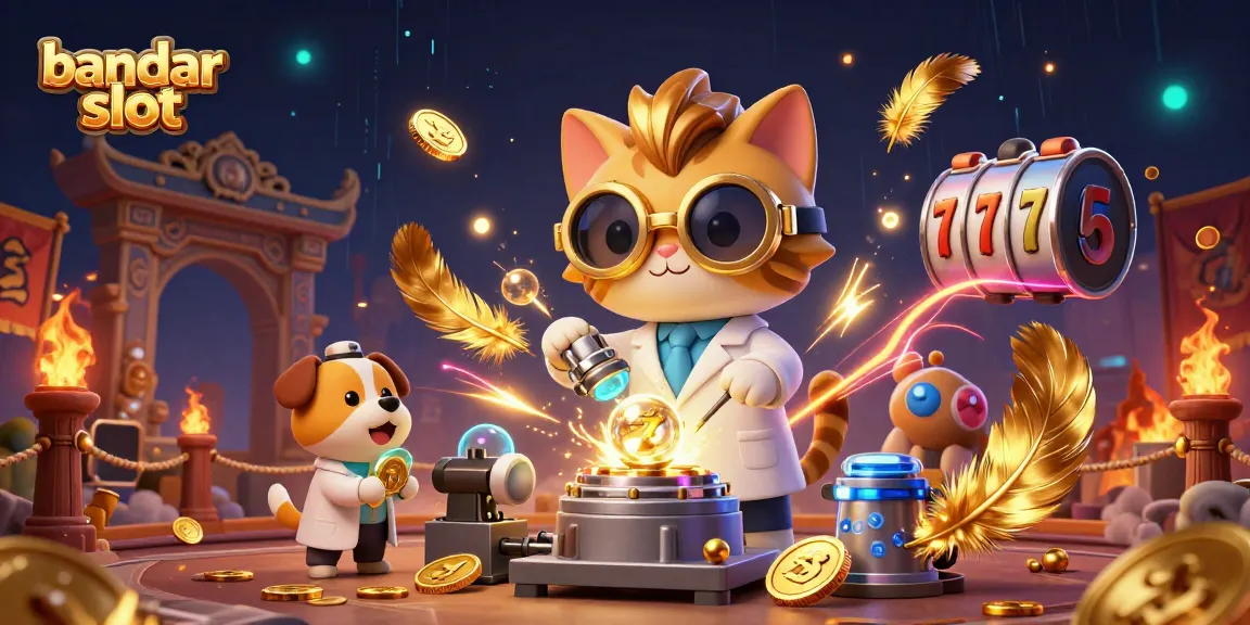 Experience the thrill of bandar slot with a lively 3D illustration featuring casino elements and animated characters.