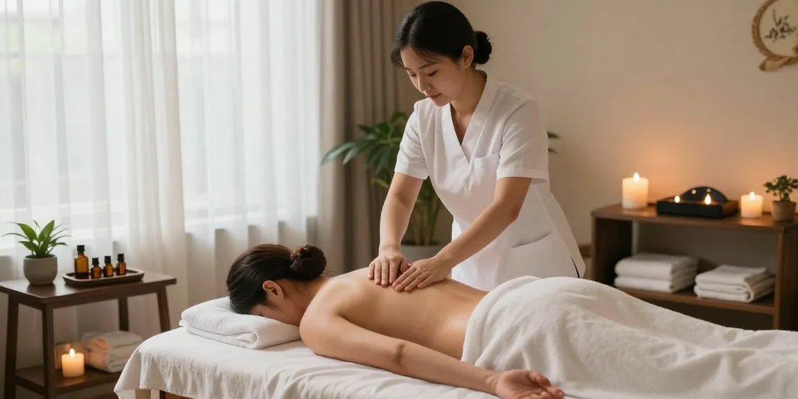 Relaxing massage scene at makangs.com/region/국내/서울-/마사지-스웨디시 spa, featuring a professional therapist and soothing atmosphere.