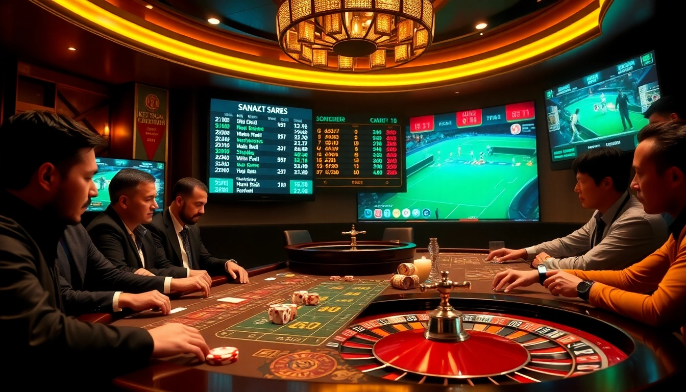 Players eagerly place bets at a casino while following ket qua bong da on a glowing scoreboard.