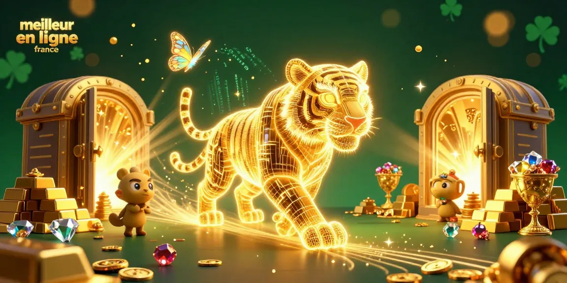 Illustration colorée d'un tigre lumineux et d'un paysage de casino numérique pour le meilleur casino en ligne France.