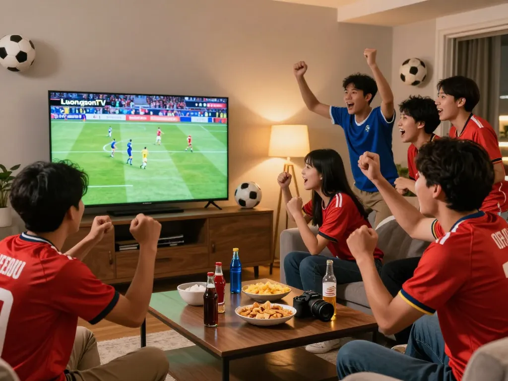 Friends celebrating while watching Luongsontv during a live football match at home, showcasing excitement and camaraderie.