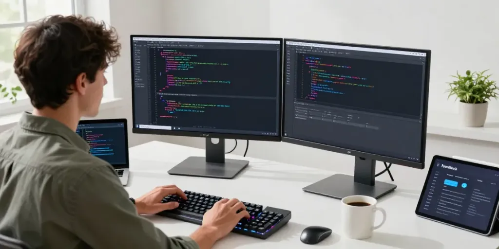 Developer using Notepad++ in a modern workspace with dual monitors.