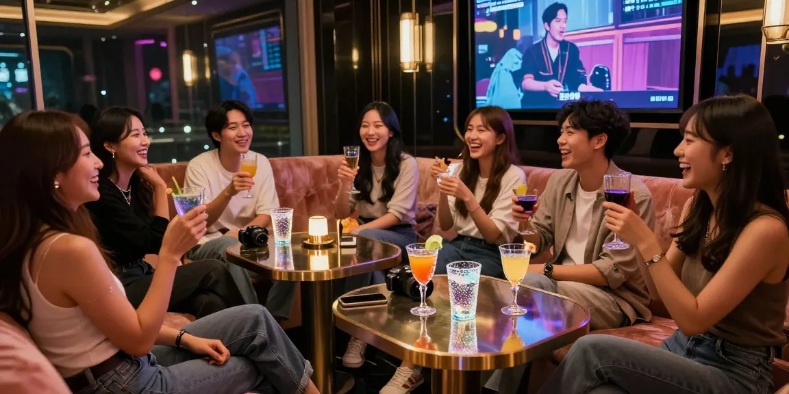 강남쩜오에서 즐거운 시간을 보내고 있는 고객들, 현대적인 인테리어와 아늑한 조명이 돋보이는 분위기.